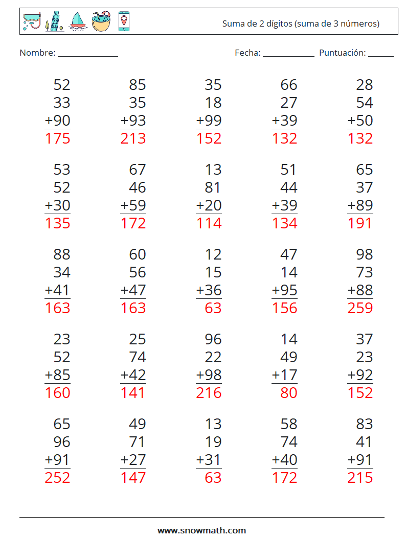 (25) Suma de 2 dígitos (suma de 3 números) Hojas de trabajo de matemáticas 4 Pregunta, respuesta