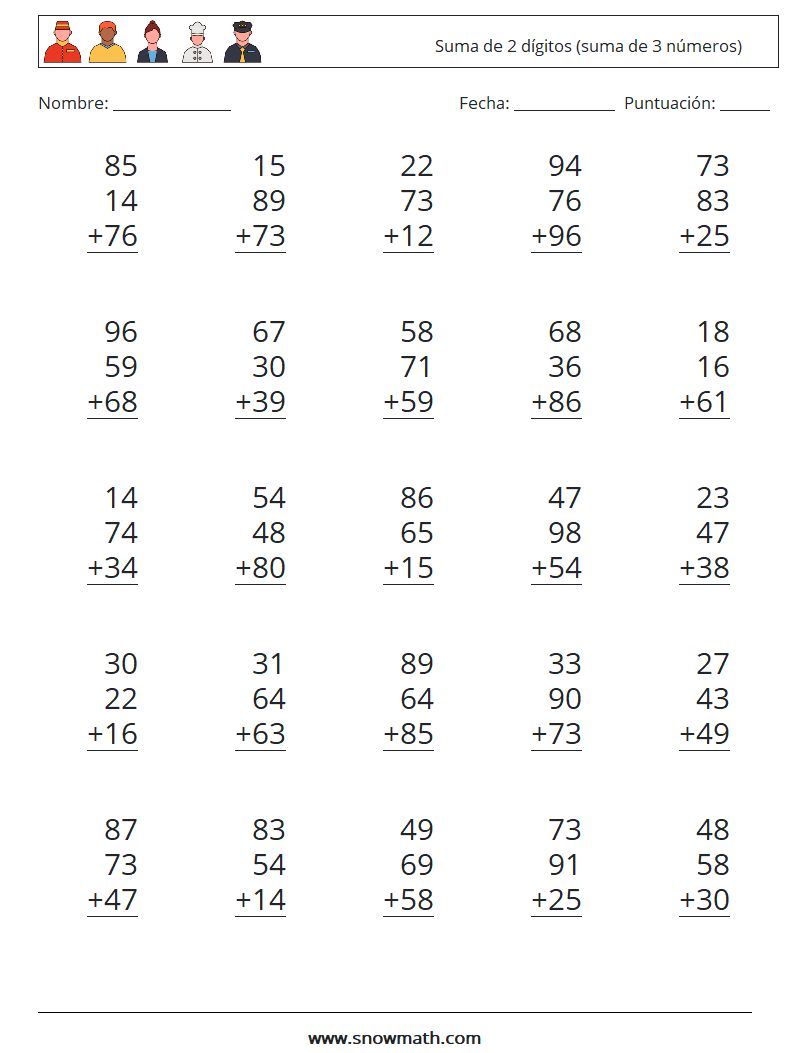 (25) Suma de 2 dígitos (suma de 3 números) Hojas de trabajo de matemáticas 5