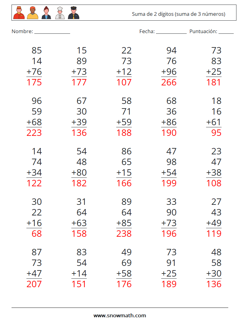 (25) Suma de 2 dígitos (suma de 3 números) Hojas de trabajo de matemáticas 5 Pregunta, respuesta