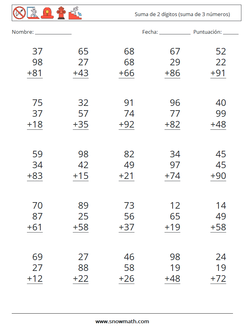 (25) Suma de 2 dígitos (suma de 3 números) Hojas de trabajo de matemáticas 6