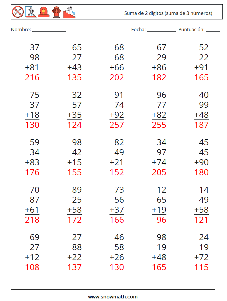 (25) Suma de 2 dígitos (suma de 3 números) Hojas de trabajo de matemáticas 6 Pregunta, respuesta