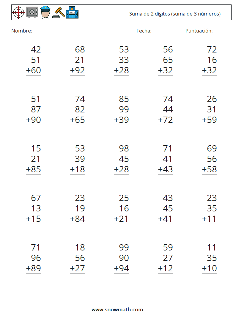 (25) Suma de 2 dígitos (suma de 3 números) Hojas de trabajo de matemáticas 7