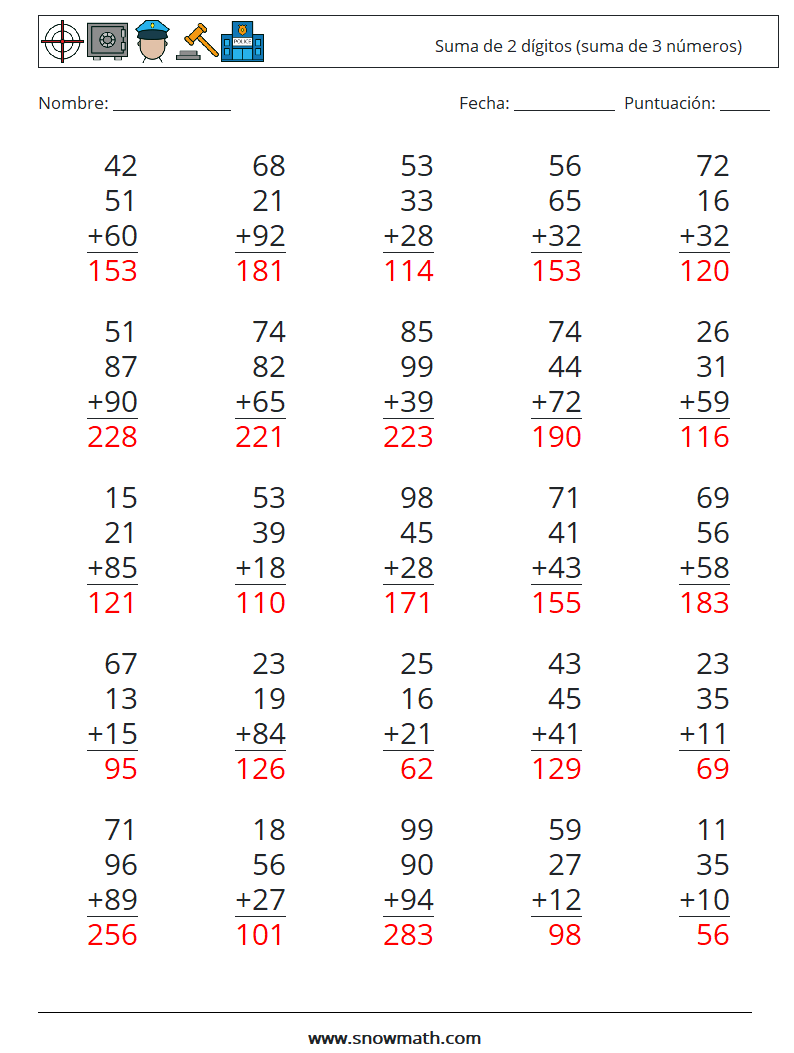 (25) Suma de 2 dígitos (suma de 3 números) Hojas de trabajo de matemáticas 7 Pregunta, respuesta