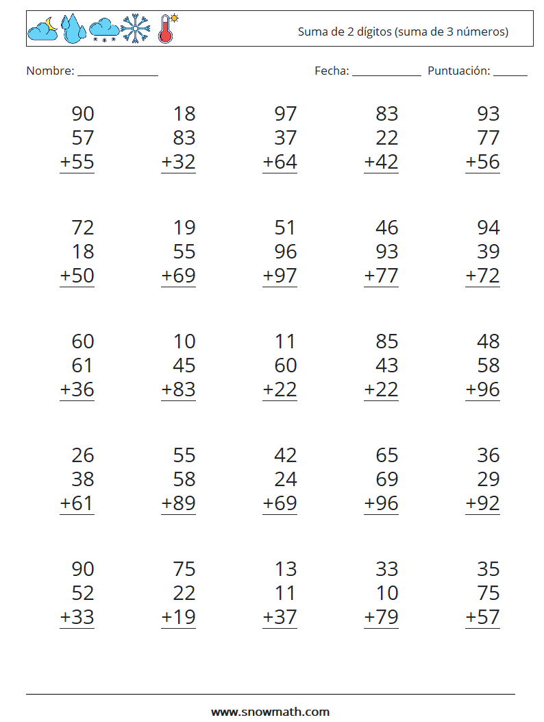 (25) Suma de 2 dígitos (suma de 3 números) Hojas de trabajo de matemáticas 8