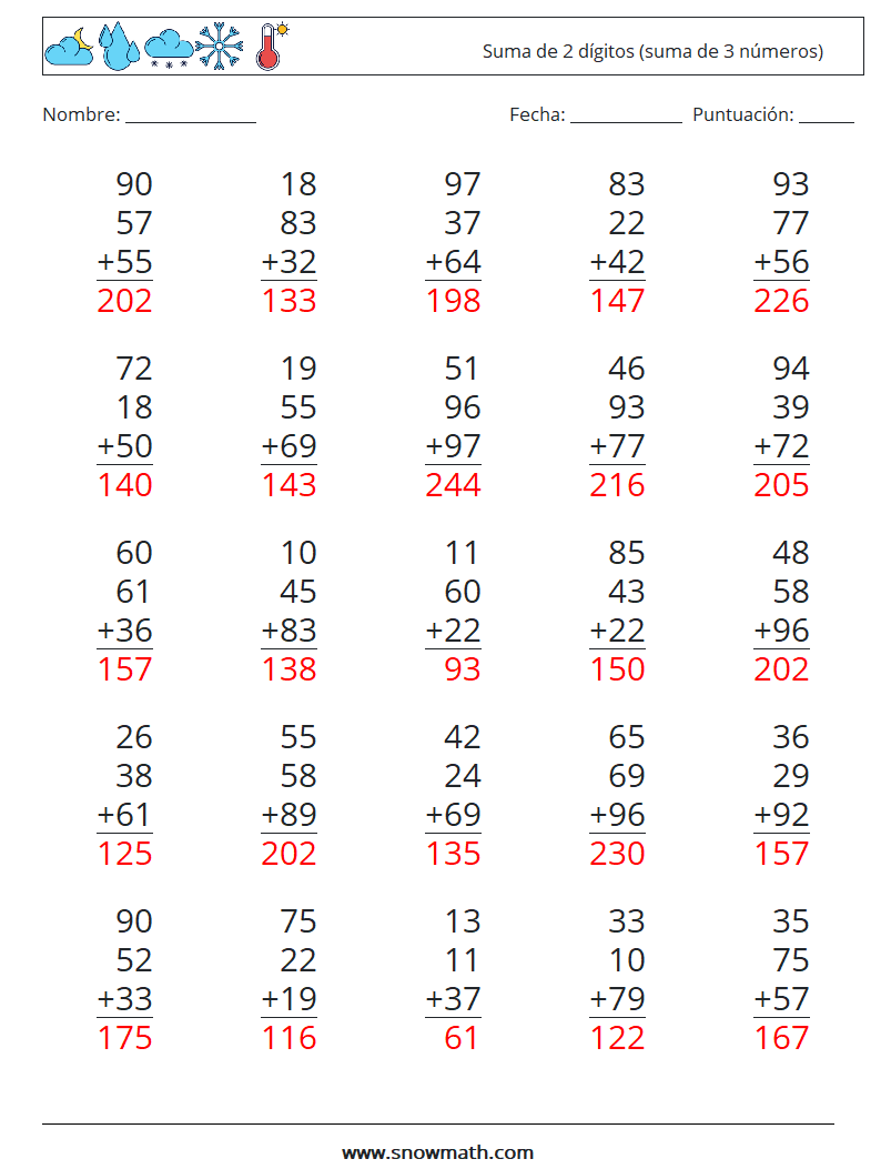 (25) Suma de 2 dígitos (suma de 3 números) Hojas de trabajo de matemáticas 8 Pregunta, respuesta