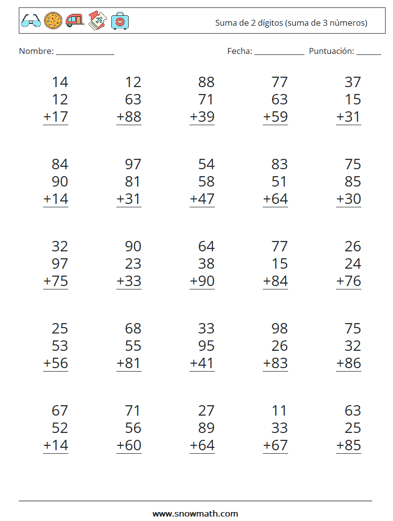 (25) Suma de 2 dígitos (suma de 3 números) Hojas de trabajo de matemáticas 9