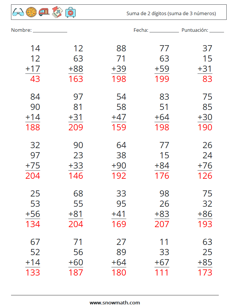 (25) Suma de 2 dígitos (suma de 3 números) Hojas de trabajo de matemáticas 9 Pregunta, respuesta