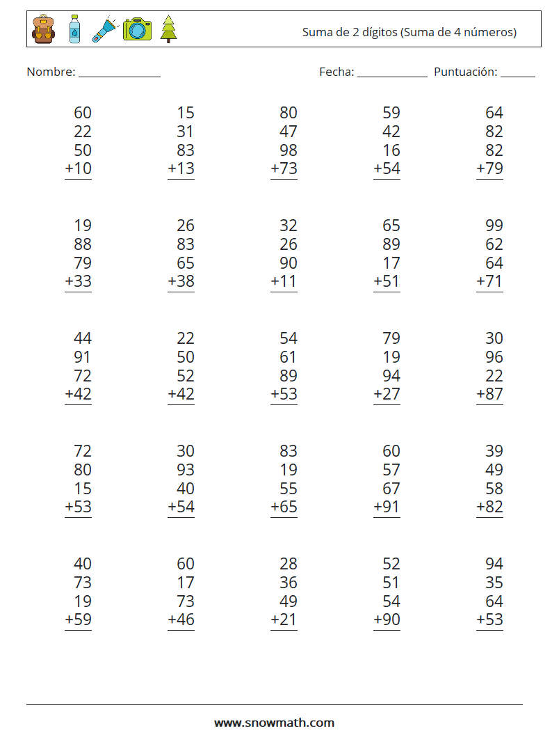 (25) Suma de 2 dígitos (Suma de 4 números) Hojas de trabajo de matemáticas 10