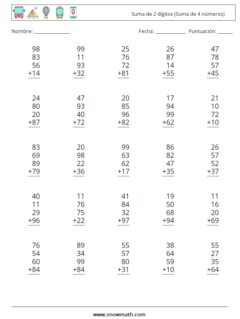 (25) Suma de 2 dígitos (Suma de 4 números) Hojas de trabajo de matemáticas 11