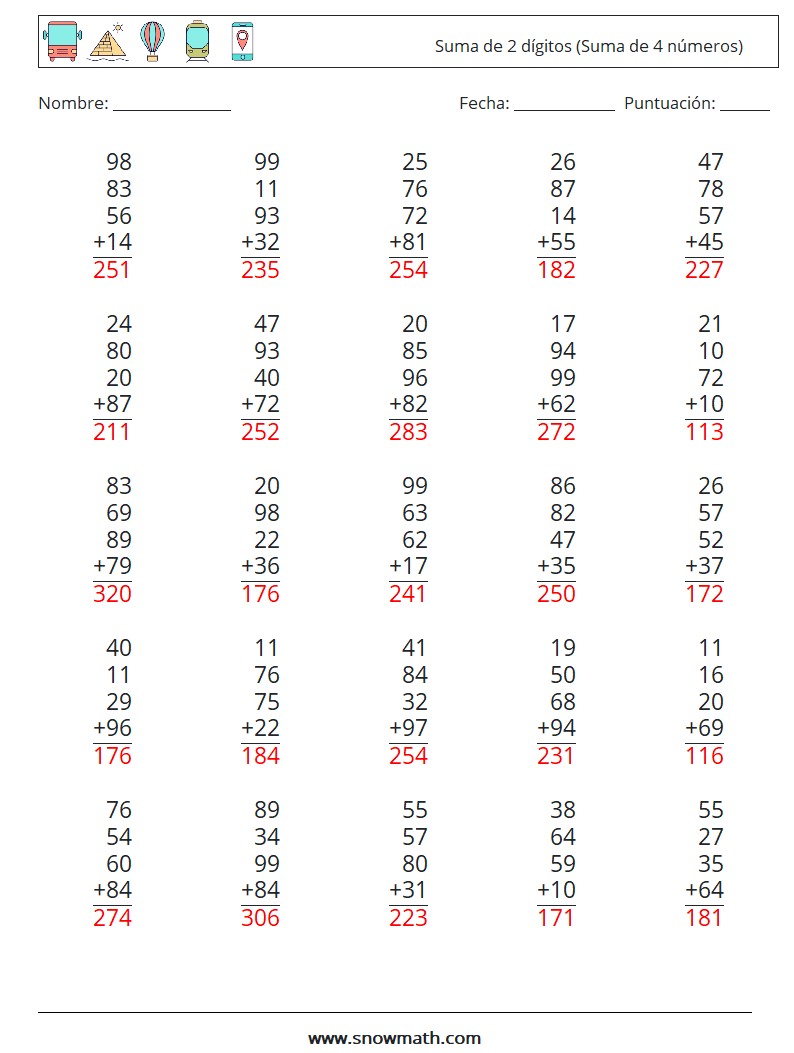 (25) Suma de 2 dígitos (Suma de 4 números) Hojas de trabajo de matemáticas 11 Pregunta, respuesta