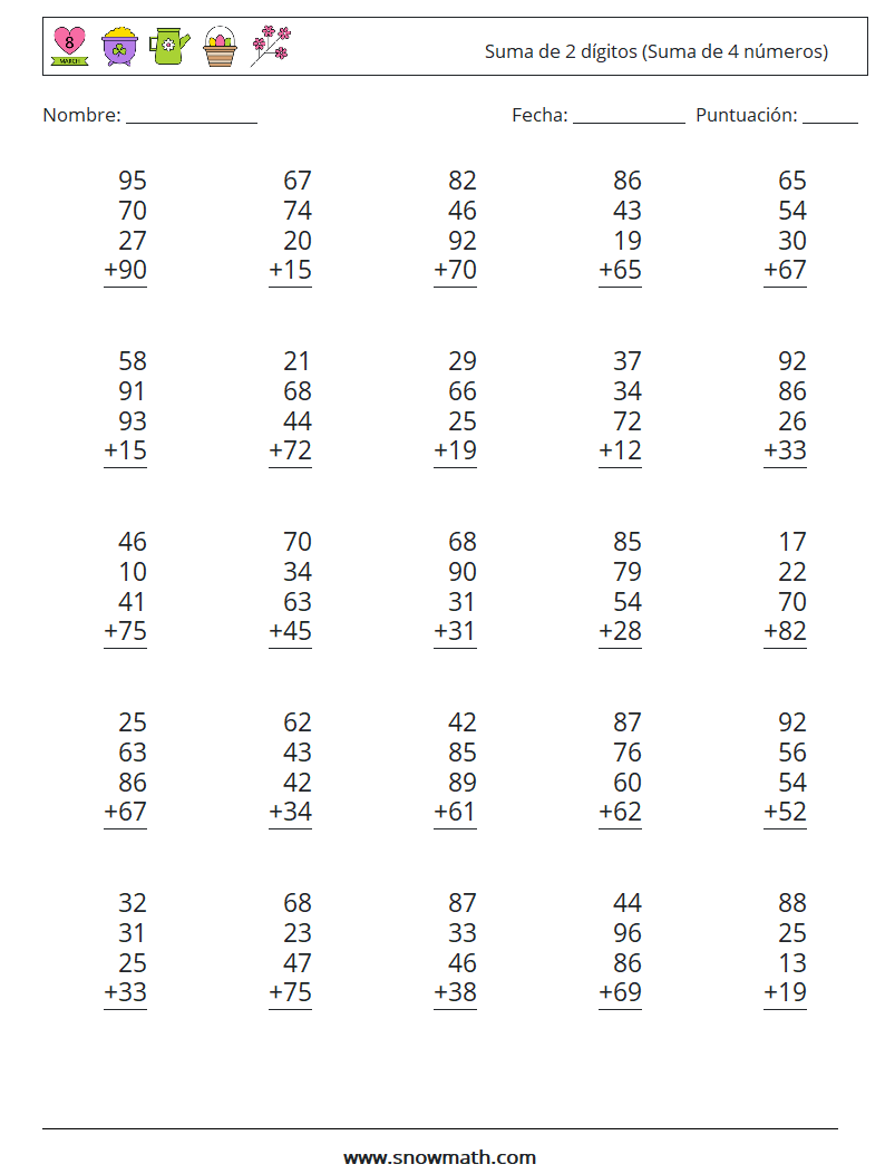 (25) Suma de 2 dígitos (Suma de 4 números) Hojas de trabajo de matemáticas 12