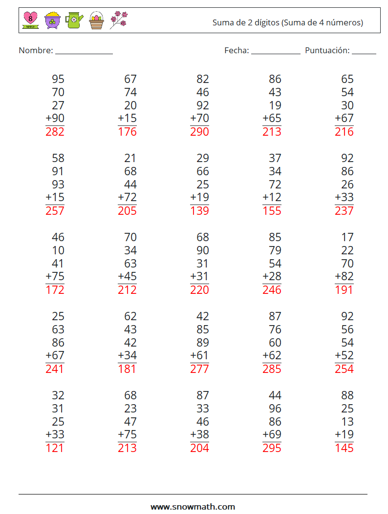 (25) Suma de 2 dígitos (Suma de 4 números) Hojas de trabajo de matemáticas 12 Pregunta, respuesta