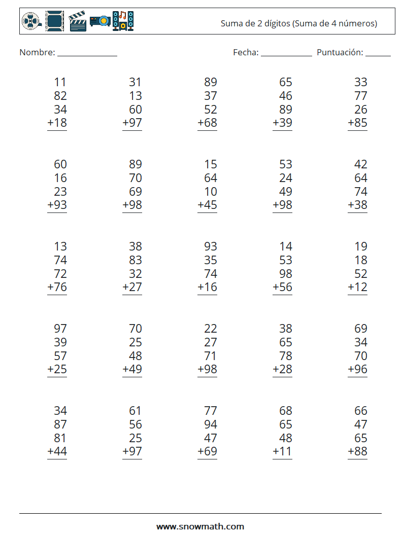 (25) Suma de 2 dígitos (Suma de 4 números) Hojas de trabajo de matemáticas 13