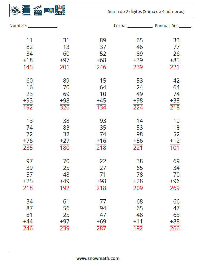 (25) Suma de 2 dígitos (Suma de 4 números) Hojas de trabajo de matemáticas 13 Pregunta, respuesta