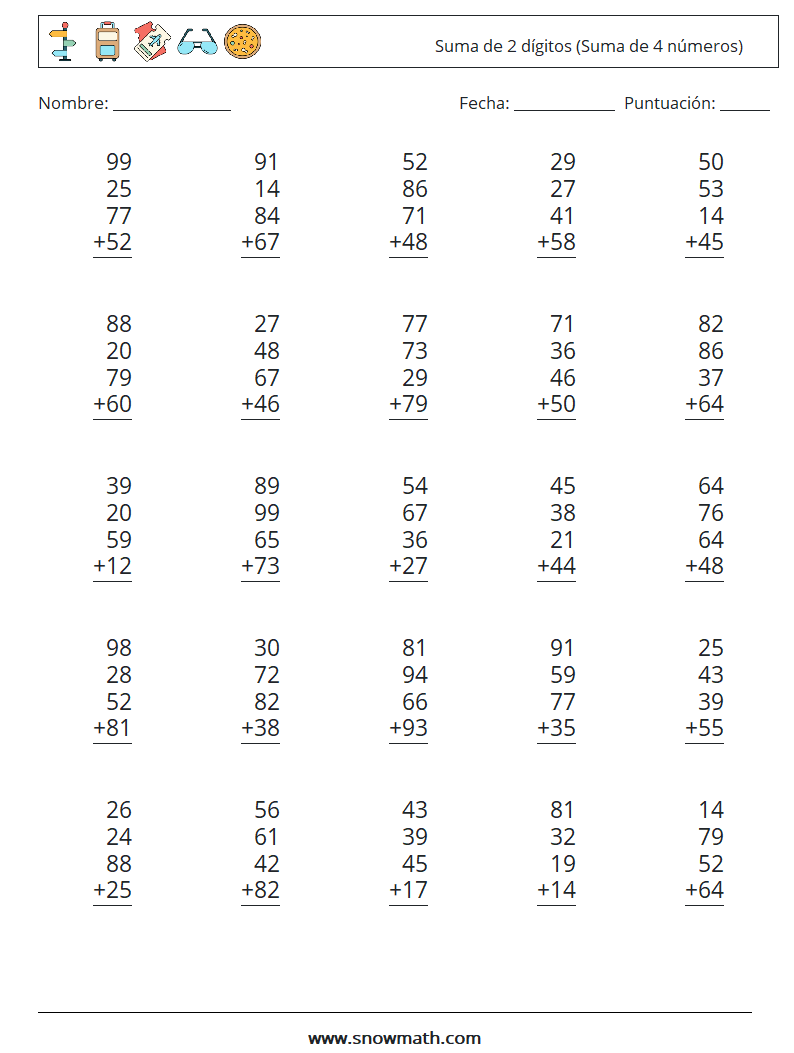 (25) Suma de 2 dígitos (Suma de 4 números) Hojas de trabajo de matemáticas 14