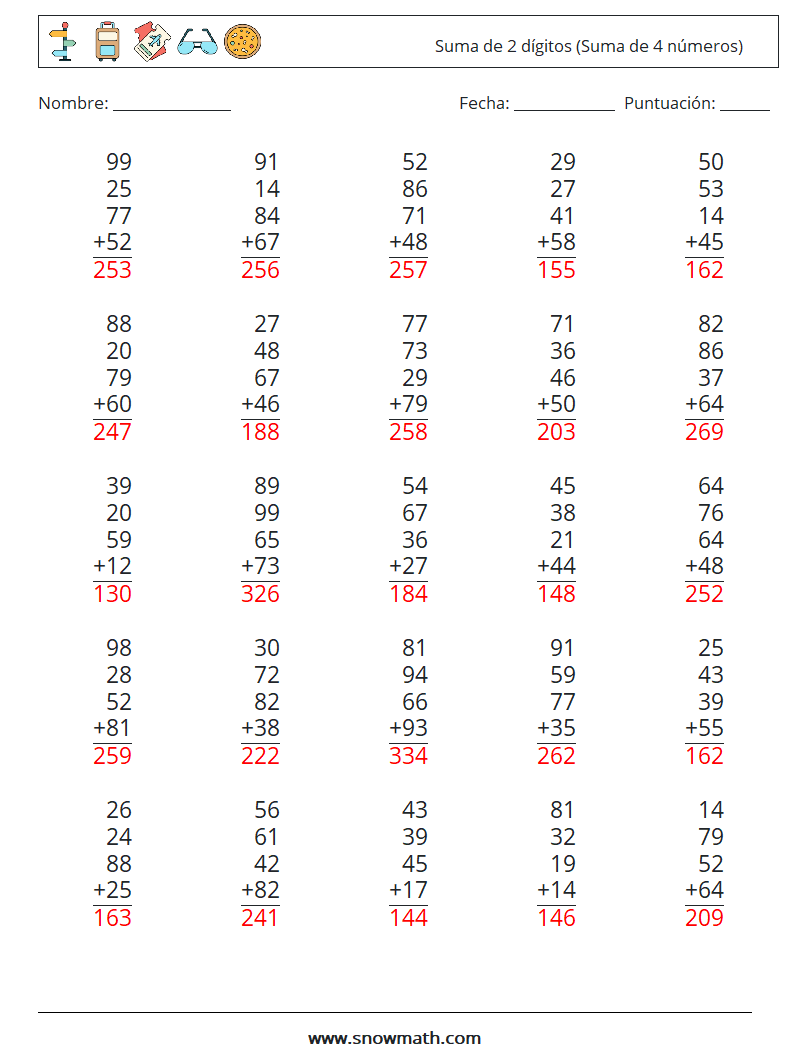 (25) Suma de 2 dígitos (Suma de 4 números) Hojas de trabajo de matemáticas 14 Pregunta, respuesta