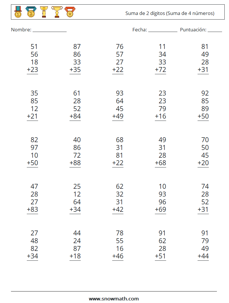 (25) Suma de 2 dígitos (Suma de 4 números) Hojas de trabajo de matemáticas 15