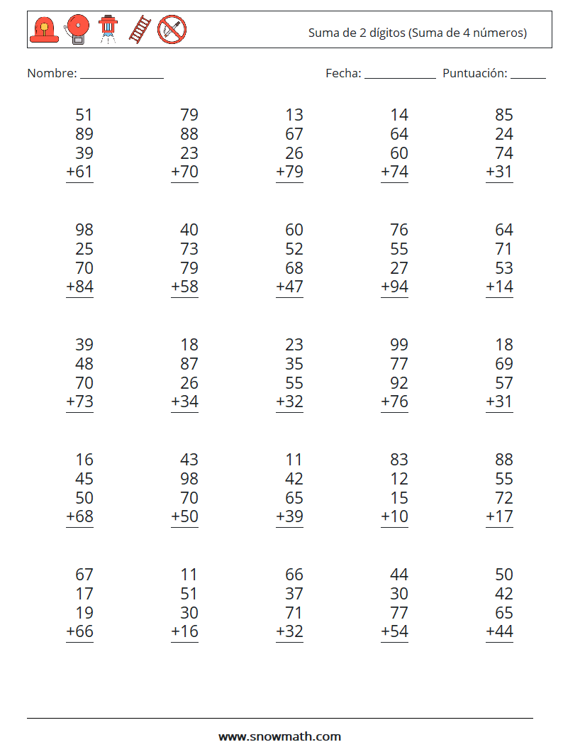 (25) Suma de 2 dígitos (Suma de 4 números) Hojas de trabajo de matemáticas 18