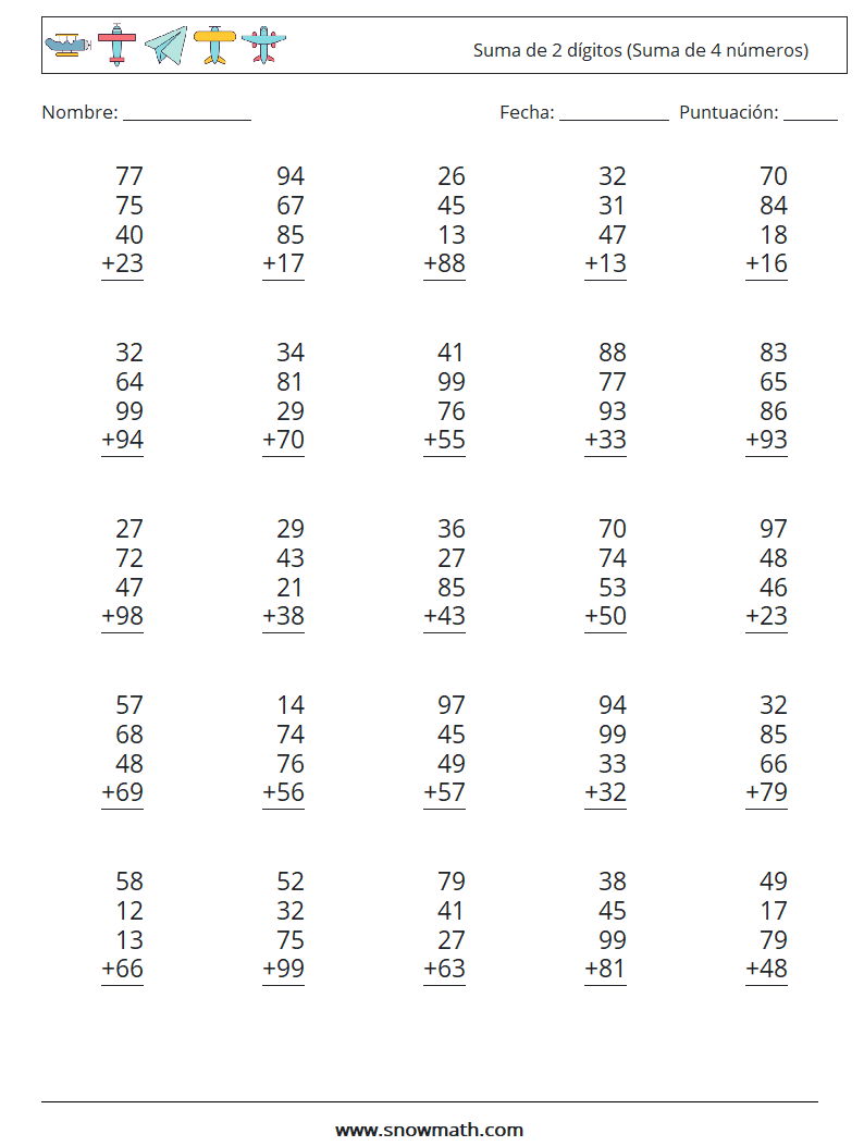 (25) Suma de 2 dígitos (Suma de 4 números) Hojas de trabajo de matemáticas 2