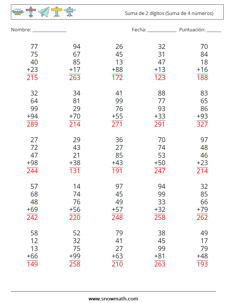 (25) Suma de 2 dígitos (Suma de 4 números) Hojas de trabajo de matemáticas 2 Pregunta, respuesta