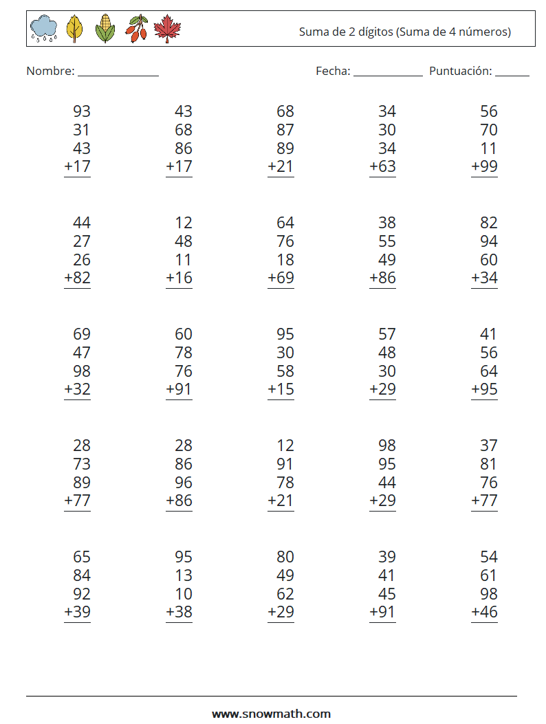 (25) Suma de 2 dígitos (Suma de 4 números) Hojas de trabajo de matemáticas 3