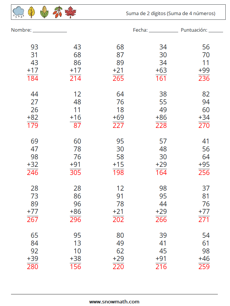 (25) Suma de 2 dígitos (Suma de 4 números) Hojas de trabajo de matemáticas 3 Pregunta, respuesta