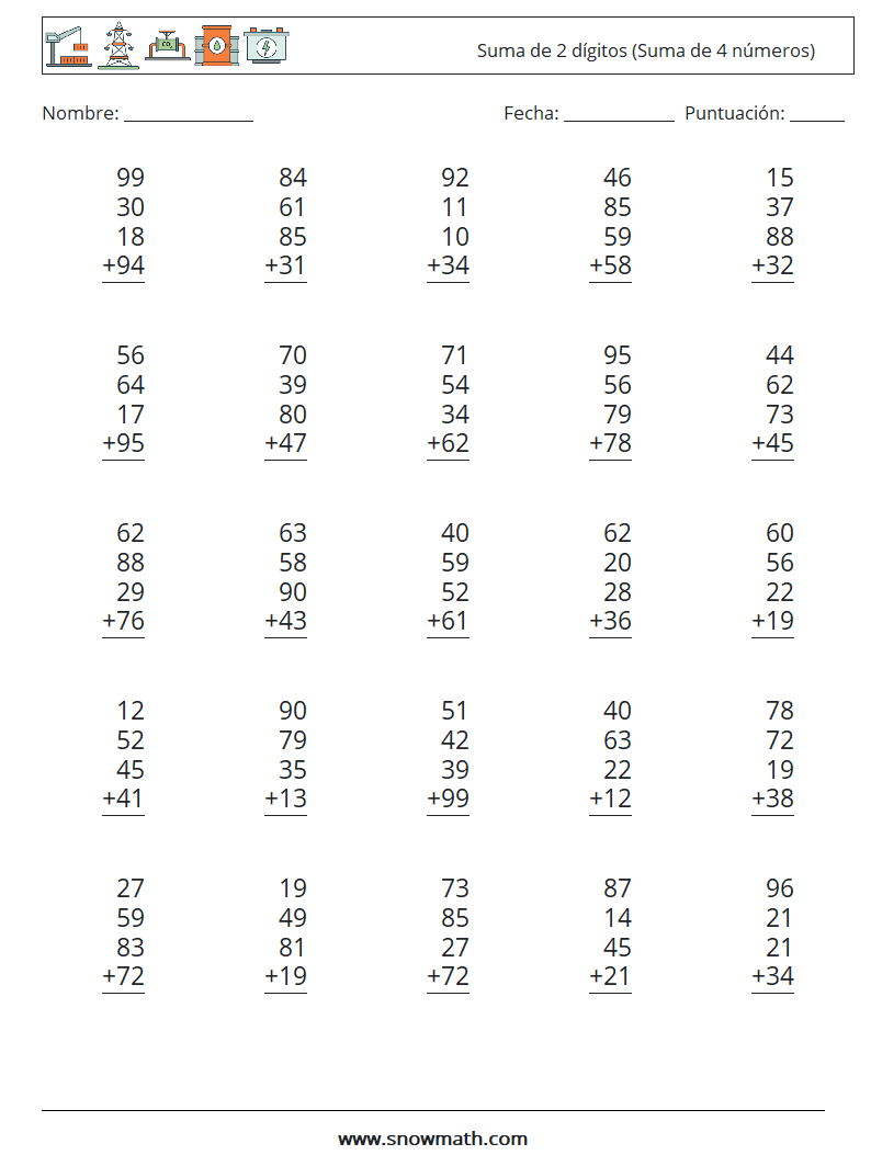 (25) Suma de 2 dígitos (Suma de 4 números) Hojas de trabajo de matemáticas 4