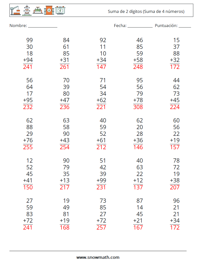 (25) Suma de 2 dígitos (Suma de 4 números) Hojas de trabajo de matemáticas 4 Pregunta, respuesta