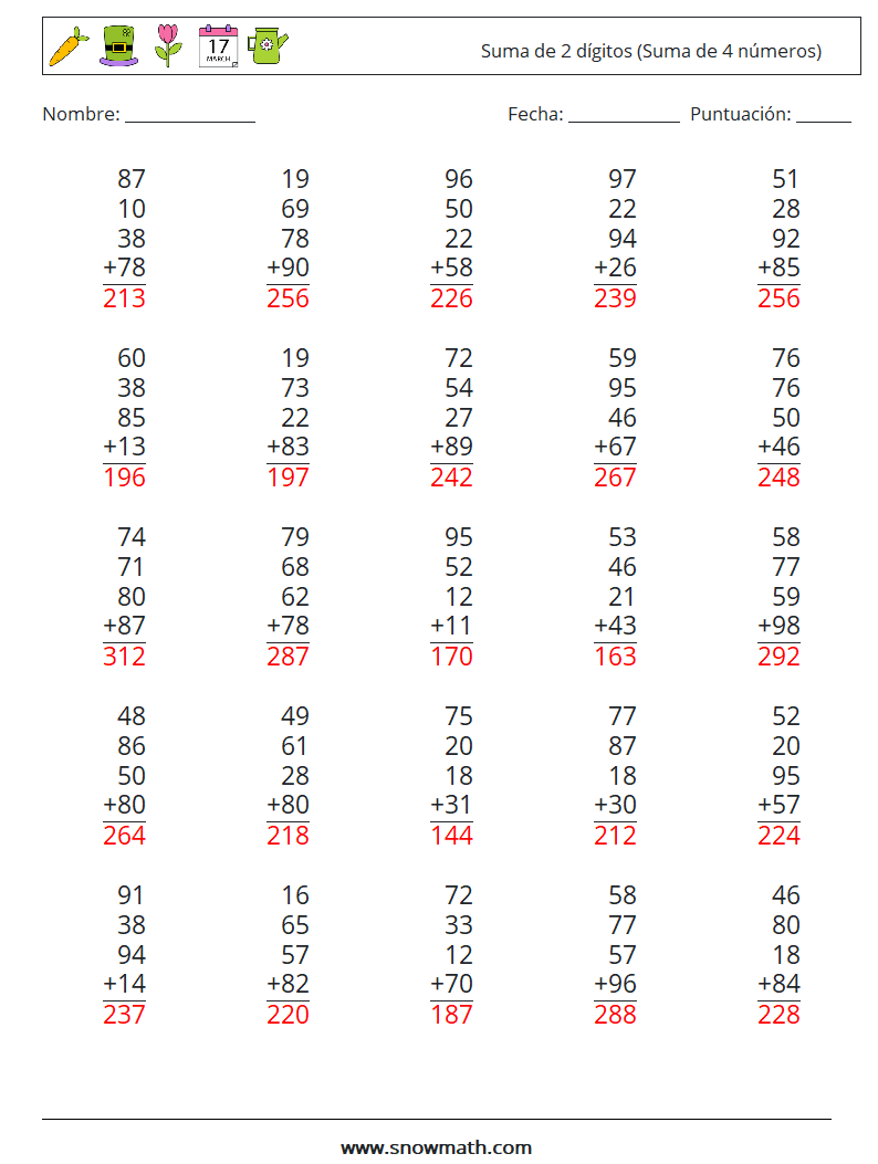 (25) Suma de 2 dígitos (Suma de 4 números) Hojas de trabajo de matemáticas 5 Pregunta, respuesta