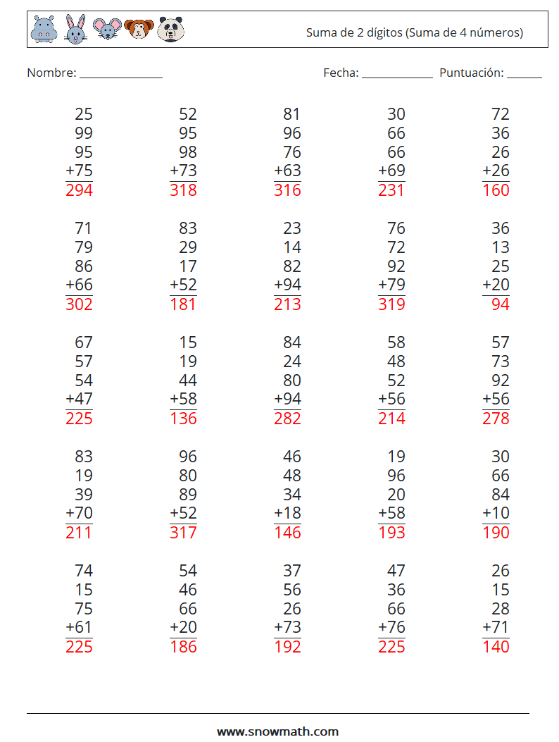 (25) Suma de 2 dígitos (Suma de 4 números) Hojas de trabajo de matemáticas 6 Pregunta, respuesta