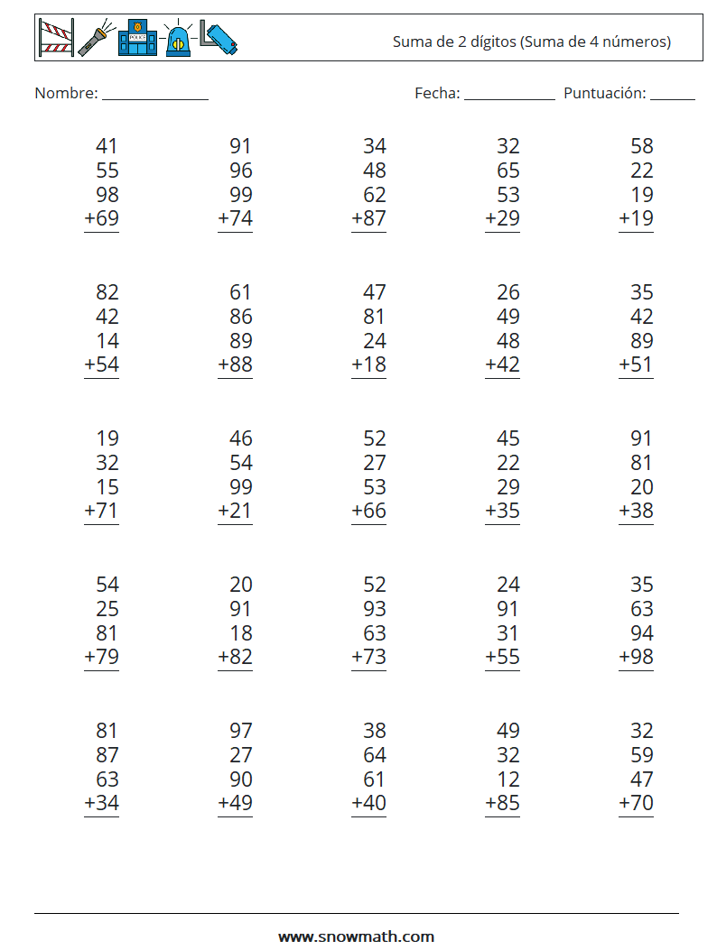 (25) Suma de 2 dígitos (Suma de 4 números) Hojas de trabajo de matemáticas 7