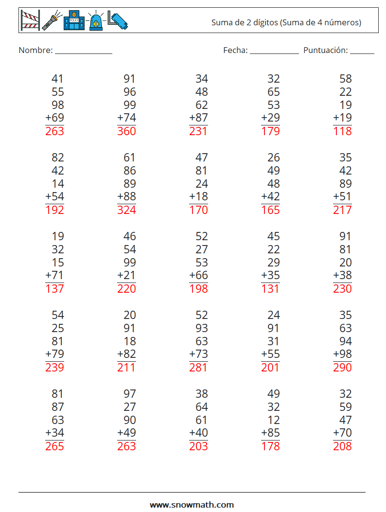 (25) Suma de 2 dígitos (Suma de 4 números) Hojas de trabajo de matemáticas 7 Pregunta, respuesta