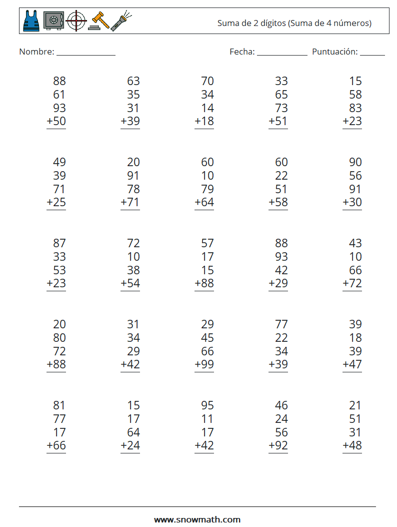 (25) Suma de 2 dígitos (Suma de 4 números) Hojas de trabajo de matemáticas 8