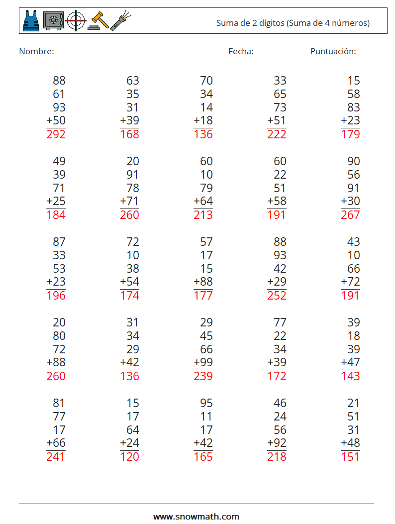 (25) Suma de 2 dígitos (Suma de 4 números) Hojas de trabajo de matemáticas 8 Pregunta, respuesta