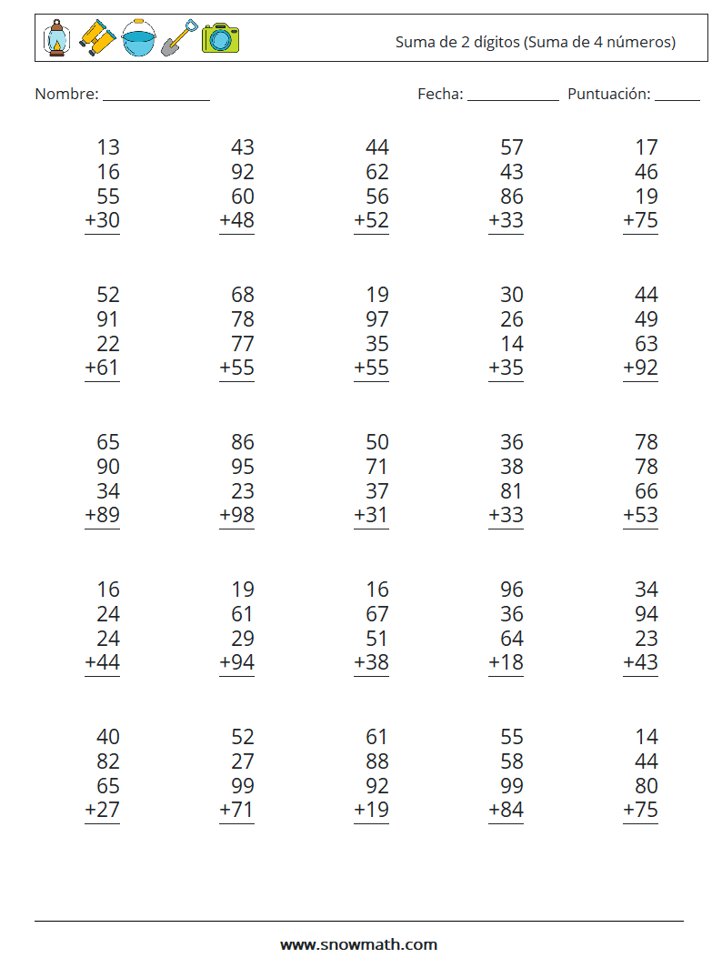 (25) Suma de 2 dígitos (Suma de 4 números) Hojas de trabajo de matemáticas 9