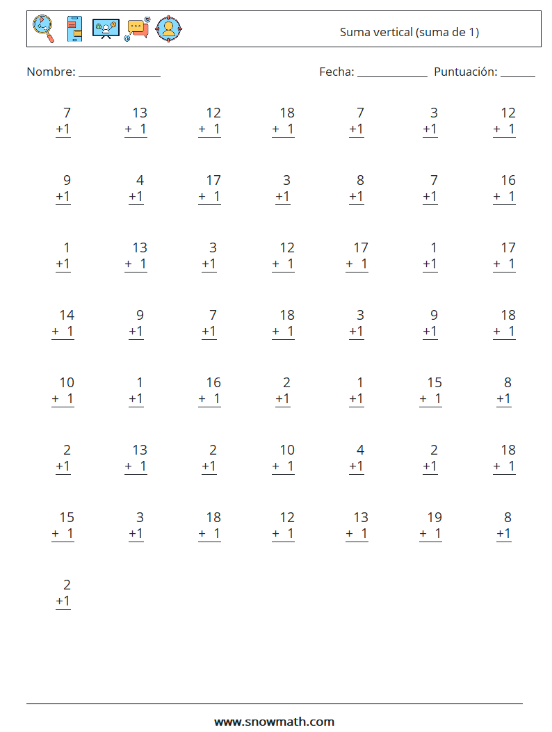 (50) Suma vertical (suma de 1) Hojas de trabajo de matemáticas 1