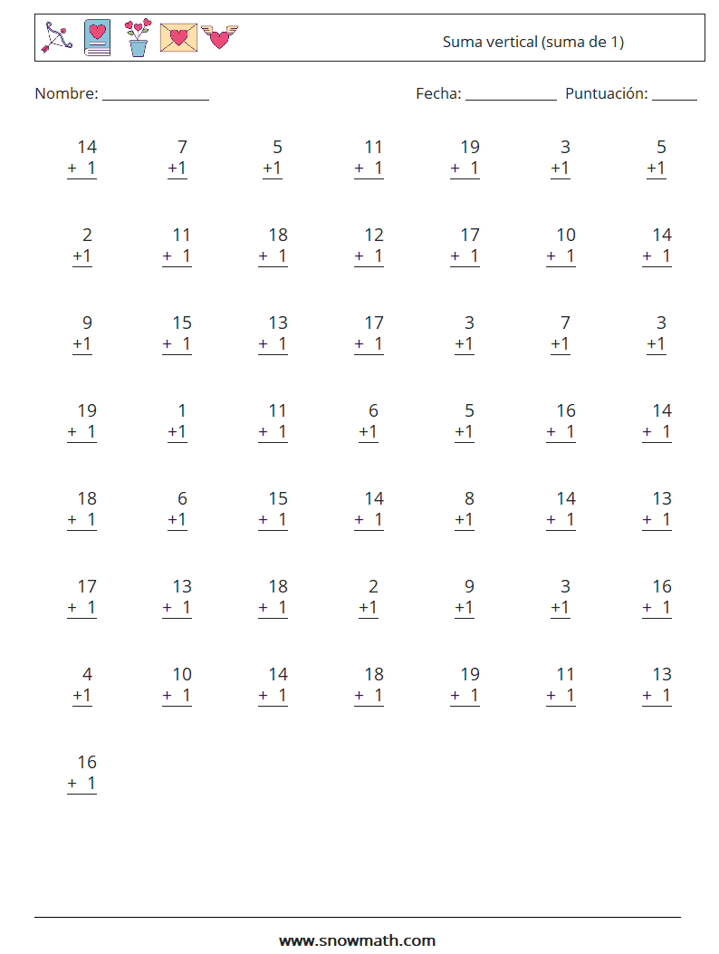 (50) Suma vertical (suma de 1) Hojas de trabajo de matemáticas 10