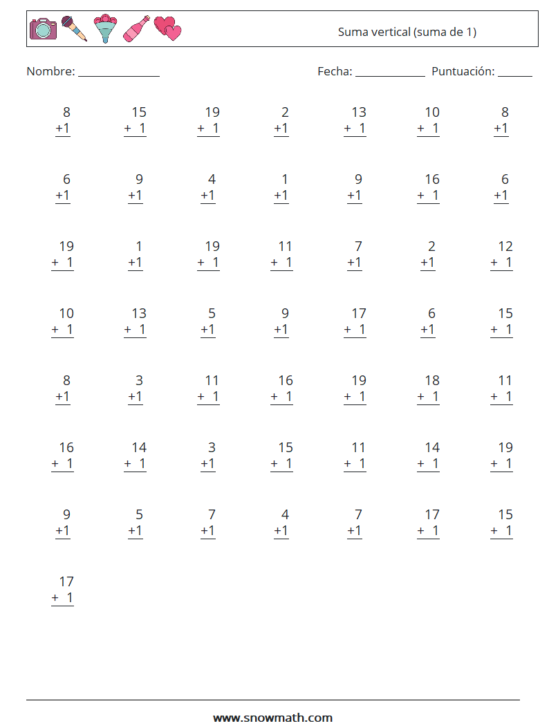 (50) Suma vertical (suma de 1) Hojas de trabajo de matemáticas 12
