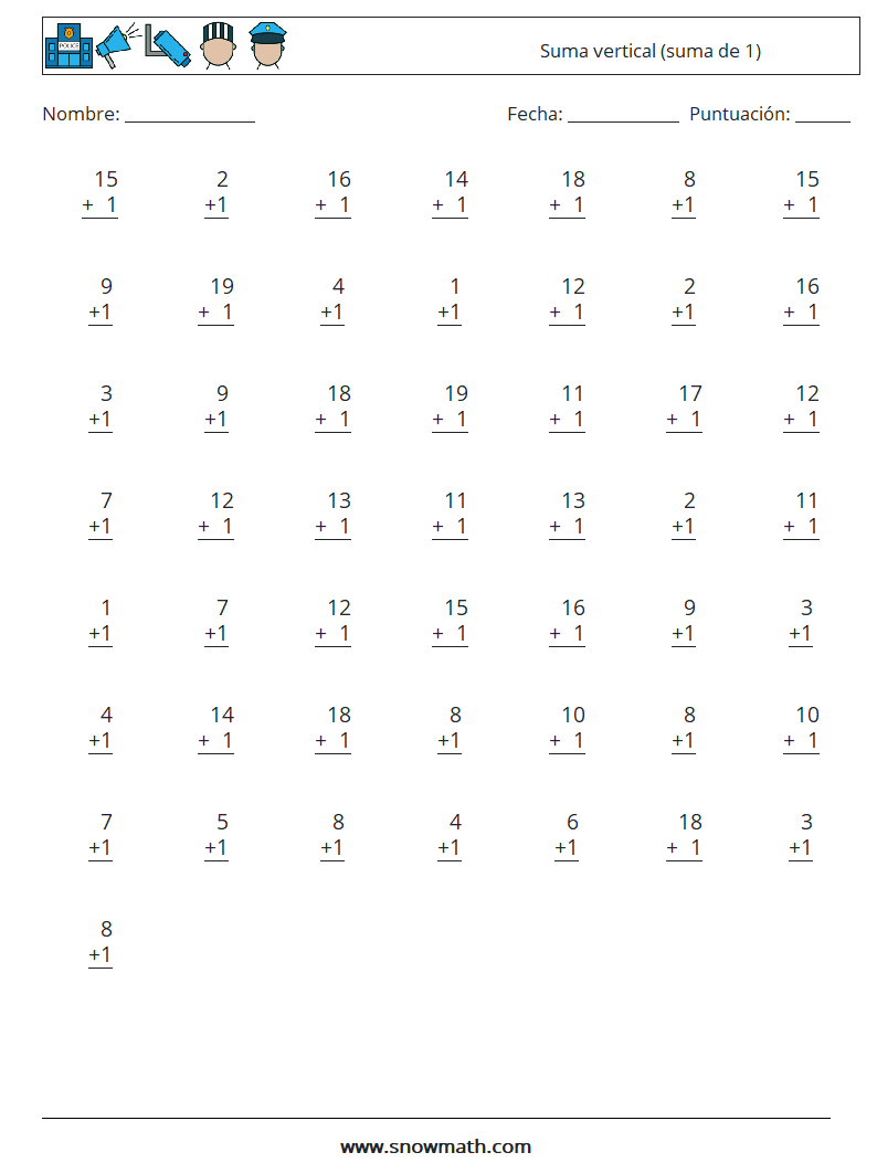 (50) Suma vertical (suma de 1) Hojas de trabajo de matemáticas 16