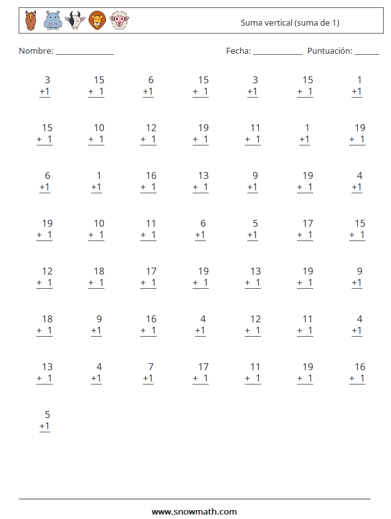 (50) Suma vertical (suma de 1) Hojas de trabajo de matemáticas 17