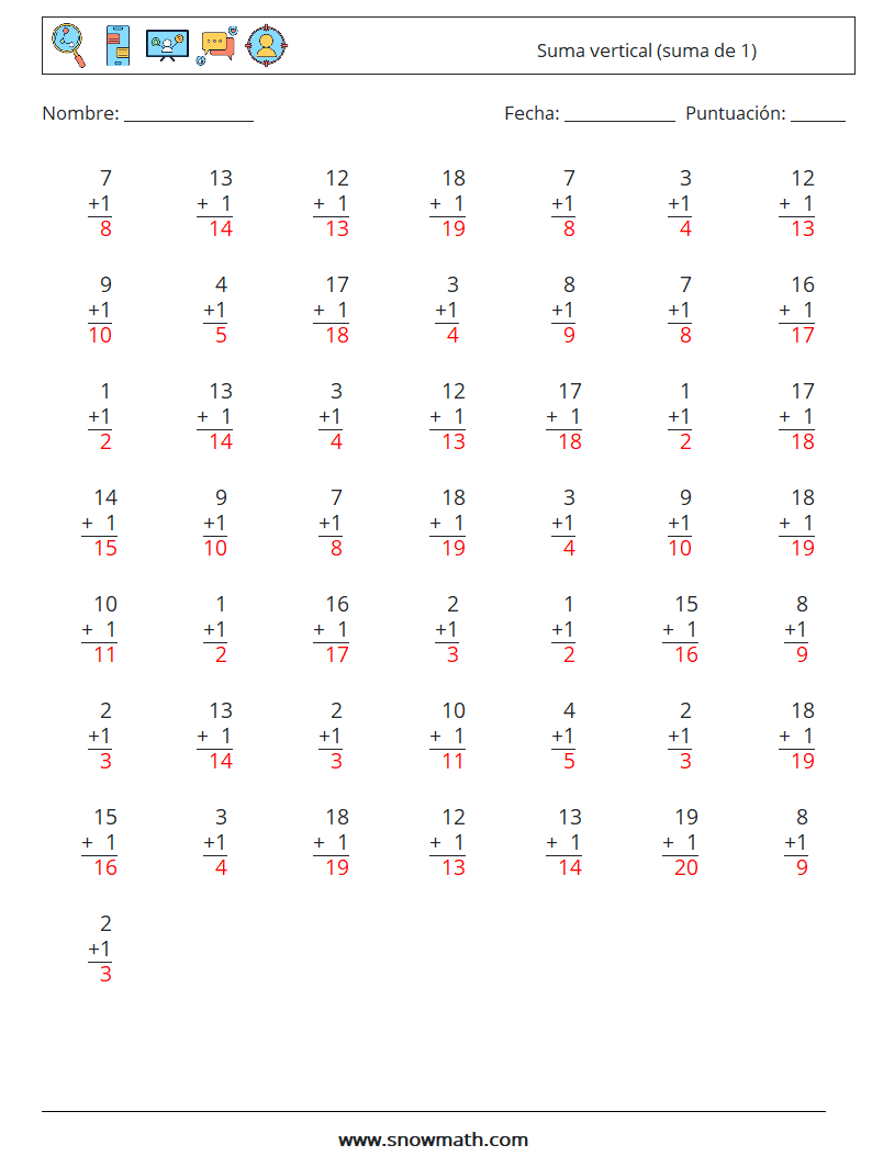 (50) Suma vertical (suma de 1) Hojas de trabajo de matemáticas 1 Pregunta, respuesta