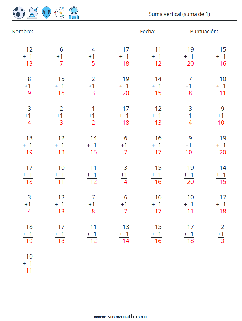 (50) Suma vertical (suma de 1) Hojas de trabajo de matemáticas 2 Pregunta, respuesta