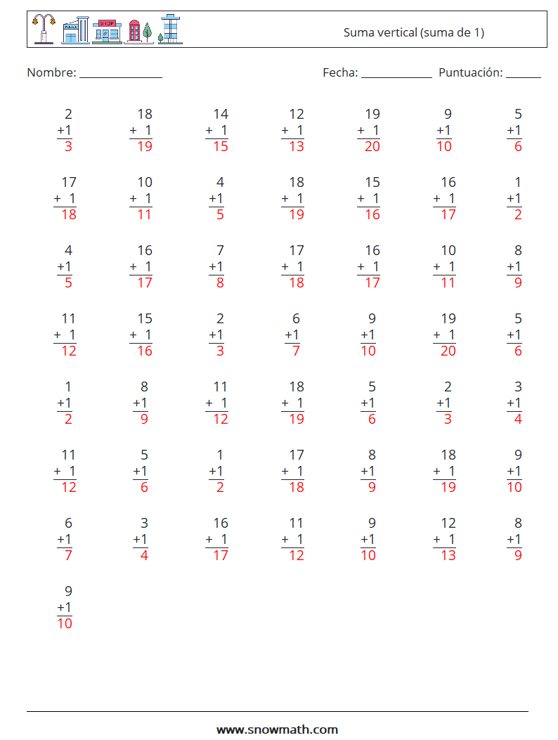 (50) Suma vertical (suma de 1) Hojas de trabajo de matemáticas 3 Pregunta, respuesta