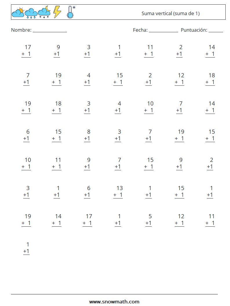 (50) Suma vertical (suma de 1) Hojas de trabajo de matemáticas 4