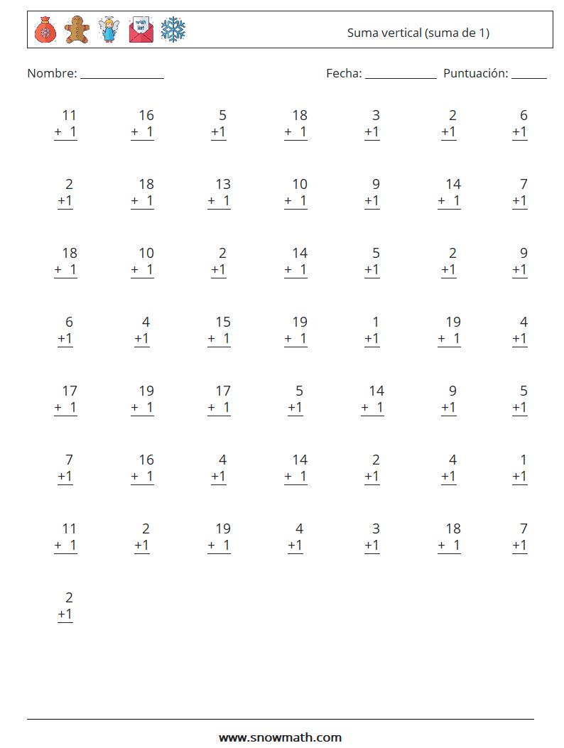 (50) Suma vertical (suma de 1) Hojas de trabajo de matemáticas 5