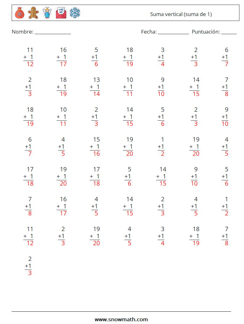 (50) Suma vertical (suma de 1) Hojas de trabajo de matemáticas 5 Pregunta, respuesta