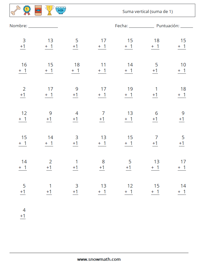 (50) Suma vertical (suma de 1) Hojas de trabajo de matemáticas 6