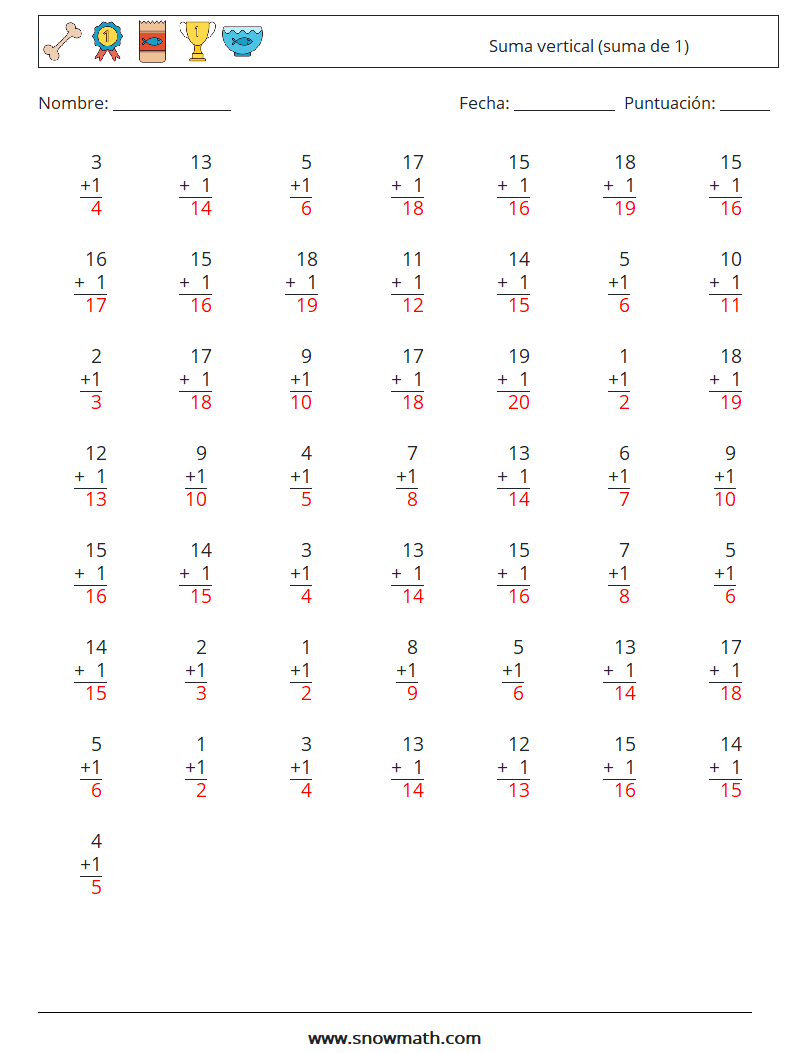 (50) Suma vertical (suma de 1) Hojas de trabajo de matemáticas 6 Pregunta, respuesta