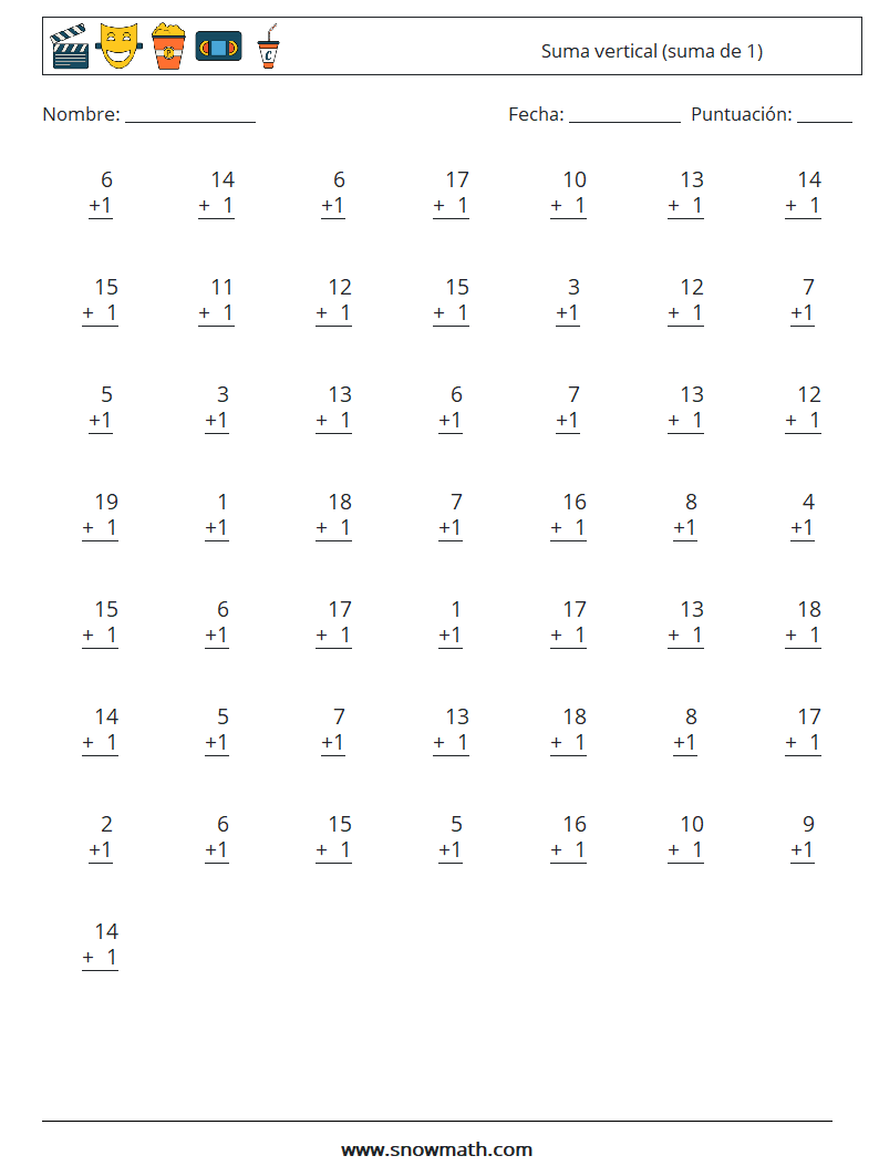 (50) Suma vertical (suma de 1) Hojas de trabajo de matemáticas 7