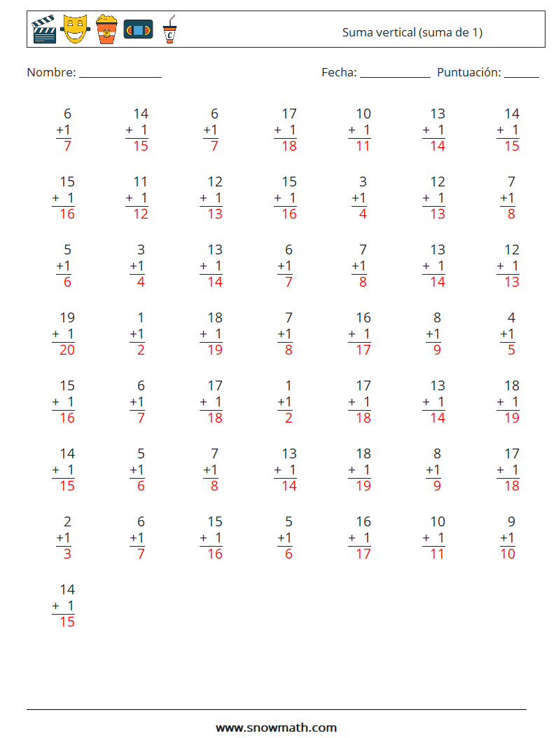 (50) Suma vertical (suma de 1) Hojas de trabajo de matemáticas 7 Pregunta, respuesta